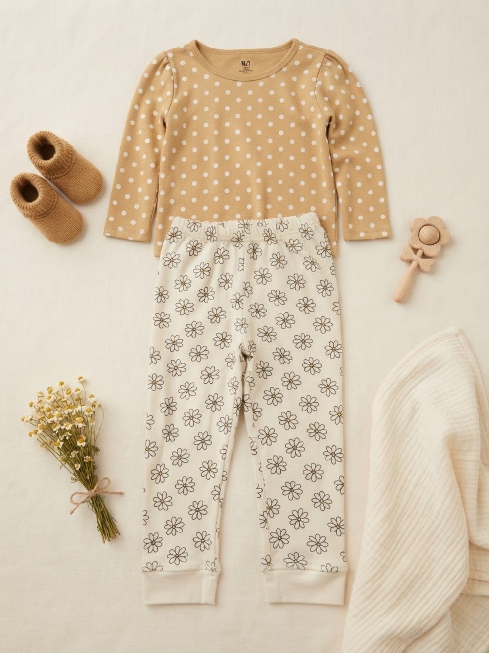 Hudson Baby Tan Polka Dot Long Sleeve Top & Cream Floral Pants Pajama Set